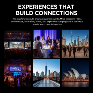 professional corporate mice collage with the text experiences that build connections we plan and execute memorable corporate events, mice programs, conferences, incentive travel, and experiential campai