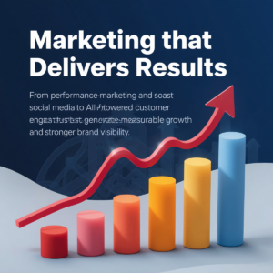 professional marketing graphic featuring the text marketing that delivers results from performance marketing and social media to ai powered customer engagement, we create data driven digital strategies